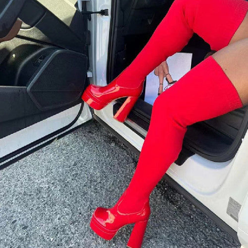 Red (5.51 High) Wedge Thigh High Boots