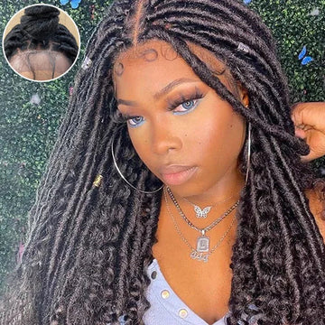 100% Handmade Kanekalon Natural Black26 Inches 4x4 Faux Goddess Locs with Curls Braids Lace Closure Wigs 200% Density