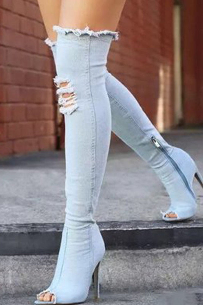 Light Blue Knee High Denim Stiletto Boots