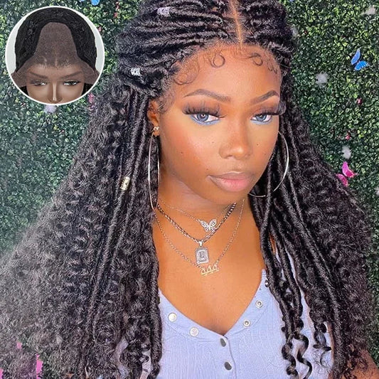 100% Handmade Kanekalon Natural Black26 Inches 4x4 Faux Goddess Locs with Curls Braids Lace Closure Wigs 200% Density