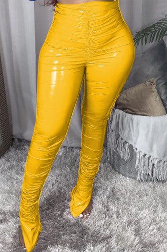 Yellow S-2xL Faux Leather Pants