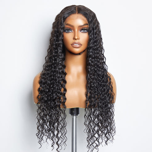 100% Virgin Hair Natural Black 5x5 Glueless Lace Closure Wig 180% Density Deep Wave