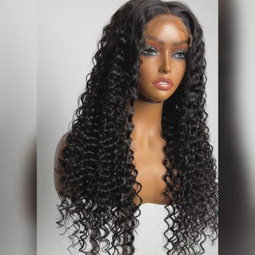 100% Virgin Hair Natural Black 5x5 Glueless Lace Closure Wig 180% Density Deep Wave