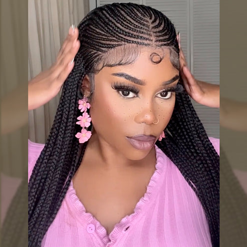 100% Handmade Kanekalon 30 Inches 13x7 Fulani Braided Neat Braids Lace Front Wigs 200% Density-