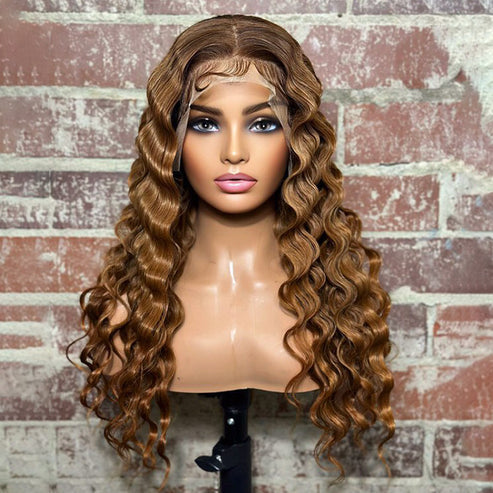 100% Virgin Hair 22-24 Inches 13x4 Honey Blonde Crimps Curls Lace Frontal Wigs 180% Density-100% Human Hair