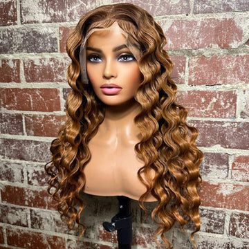 100% Virgin Hair 22-24 Inches 13x4 Honey Blonde Crimps Curls Lace Frontal Wigs 180% Density-100% Human Hair