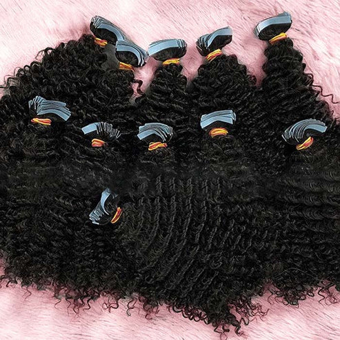 100% Human Hair 16-22 inch  Afro-textured Kinky Curly Tape In Remy Hair Extensions #1B Natural Black