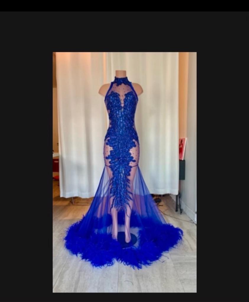 Royal Blue  Blue Rhinestone Mesh Sleeveless  Deep V Backing  Prom Dress