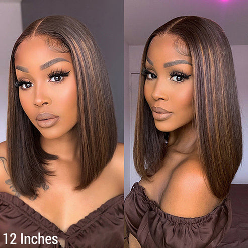 100% Virgin Hair 12 Inch Chestnut Brown Highlights Straight 4x4 Closure Bob Wig 150% Density