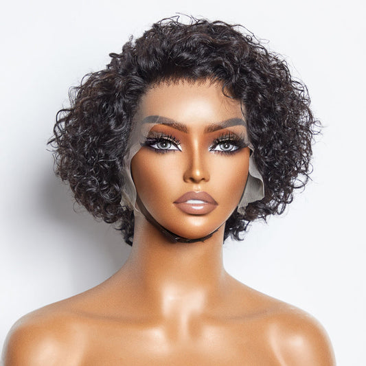 100% Virgin Hair #1B 8 inch Short Curly Pixie Cut 13x4 Frontal Lace Wig Pre-Bleached Knots Brazilian Human Virgin Hair 150% Density