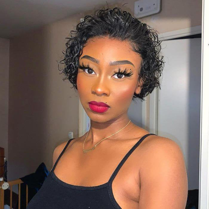 100% Virgin Hair #1B 8 inch Short Curly Pixie Cut 13x4 Frontal Lace Wig Pre-Bleached Knots Brazilian Human Virgin Hair 150% Density