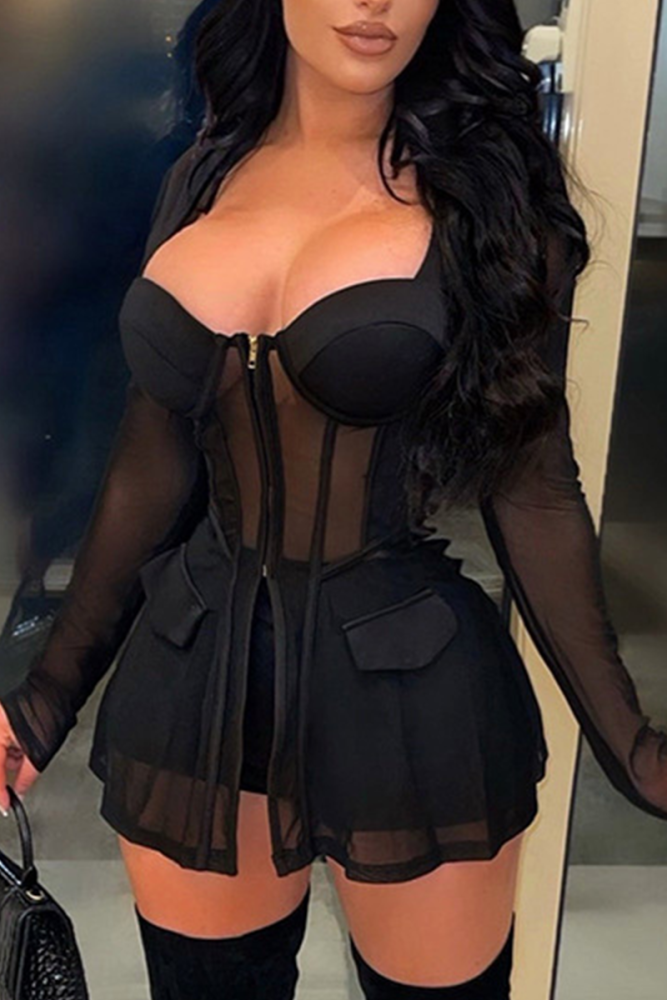 Mesh Long Sleeve Two piece Skirt Set